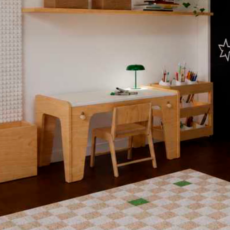 Escrivaninha Anis Rolinho de Papel (Pinus e Branco) + Mesa de Cabeceira (Laca Azul) + Estante com Baús (Pinus e Branco) + Cadeira Lis